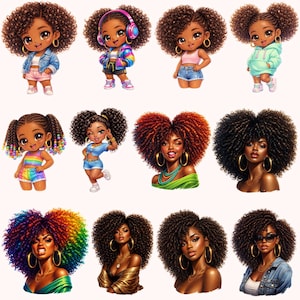 May include: A collection of digital illustrations featuring Black women and girls with voluminous curly hair. The images showcase various outfits and accessories, including denim jackets, shorts, headphones, and hoop earrings. The color palette is vibrant, with a focus on skin tones and hair textures.