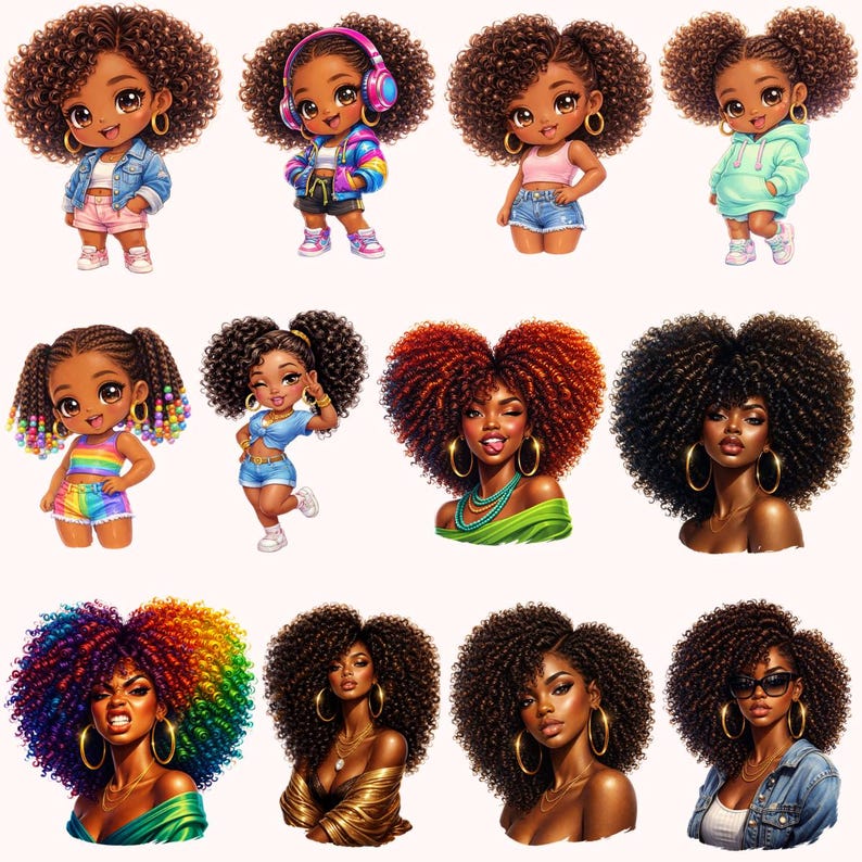 May include: A collection of digital illustrations featuring Black women and girls with voluminous curly hair. The images showcase various outfits and accessories, including denim jackets, shorts, headphones, and hoop earrings. The color palette is vibrant, with a focus on skin tones and hair textures.