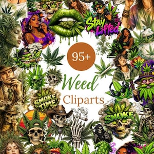 以下が含まれることがあります： 大麻をテーマにしたイラストのデジタルアートコラージュ。 骸骨、人々、大麻の葉、テキスト「95+ Weed Cliparts」の画像が含まれています。 配色は鮮やかで、緑、紫、黄色が使用されています。