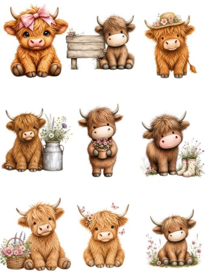 K&ouml;nnte beinhalten: Eine Sammlung von neun Aquarellillustrationen von Highland-K&uuml;hen. Jede Kuh wird in einem niedlichen, cartoonartigen Stil dargestellt, mit flauschigem braunem Fell und verschiedenen Accessoires, darunter eine rosa Schleife, ein Strohhut und Blumen.
