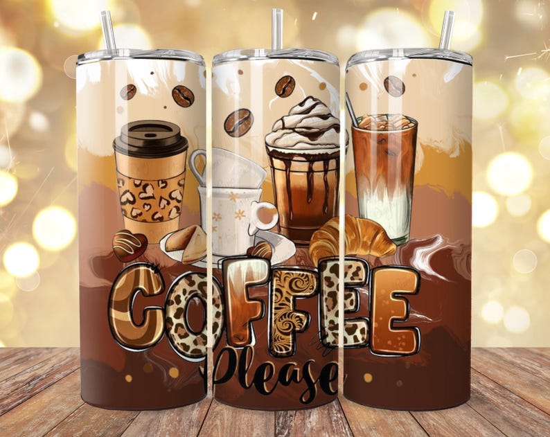 May include: Three stainless steel tumblers with coffee-themed designs. One features a leopard print coffee cup, another a whipped cream coffee, and the third an iced coffee. The words "COFFEE PLEASE" are displayed in a decorative font.