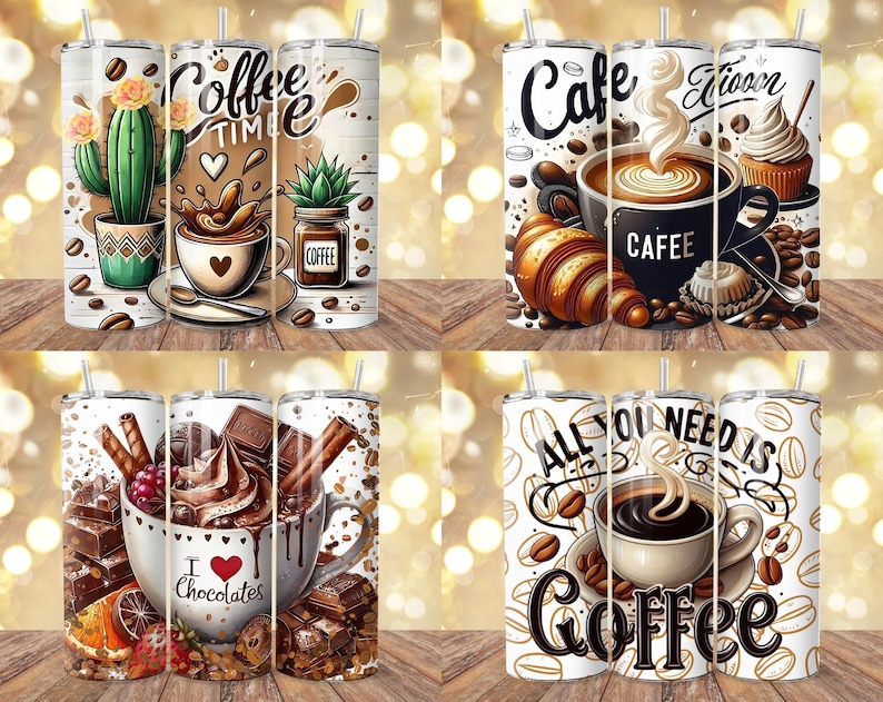 May include: Four white insulated tumblers with various coffee and chocolate-themed designs. One features a cactus, the words "Coffee Time," and a coffee cup. Another has a croissant and the word "Cafe." The third says "I ❤️ Chocolates." The last says "All You Need Is Coffee."