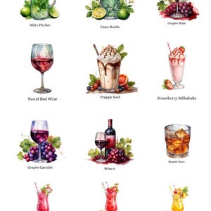 May include: Watercolor illustration of various beverages. Includes a mojito pitcher, lime bottle, wine, frappe, milkshake, beer, and fruit drinks. Each drink is garnished with fruits and herbs.