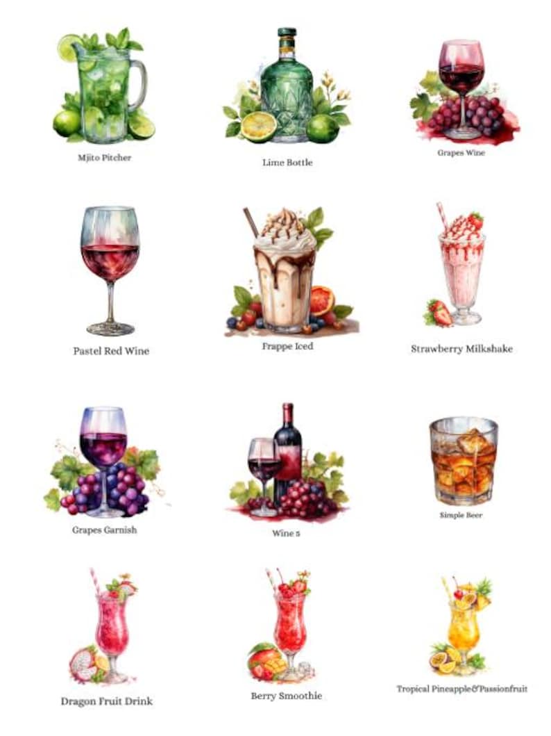 May include: Watercolor illustration of various beverages. Includes a mojito pitcher, lime bottle, wine, frappe, milkshake, beer, and fruit drinks. Each drink is garnished with fruits and herbs.
