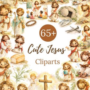 Op de afbeelding: Een verzameling aquarel cliparts met illustraties van Jezus in verschillende poses. De afbeeldingen bevatten Jezus met een lam, duiven en kinderen, samen met een kruis en de tekst "Cute Jesus Cliparts". Het kleurenpalet is zacht en warm.