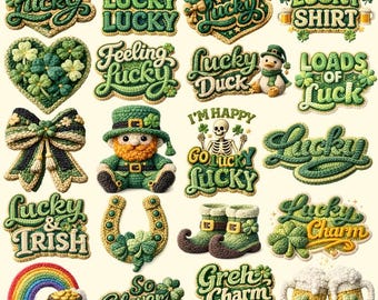 St Patrick's Day Png Clipart Pack, Knitting St Patrick's Day, Lucky Shamrock, Irish Lucky, Coquette Bow, Cute Bear Clipart, Faux Embroidery