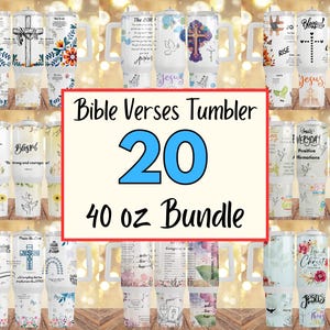 Pode incluir: Uma coleção de 20 canecas com versículos bíblicos, cada uma com 1,18 litros, com vários designs. As canecas apresentam imagens religiosas, padrões florais e citações inspiradoras. O texto "Bible Verses Tumbler 20 40 oz Bundle" é exibido no centro.