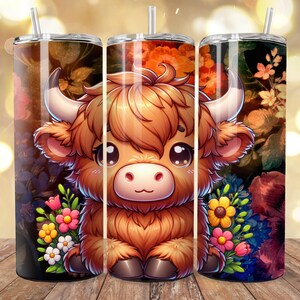 May include: Three stainless steel tumblers with a cartoon Highland cow design. The cow is brown with large eyes and white horns. The tumblers have a floral background with pink, yellow, and blue flowers. Each tumbler has a clear straw.