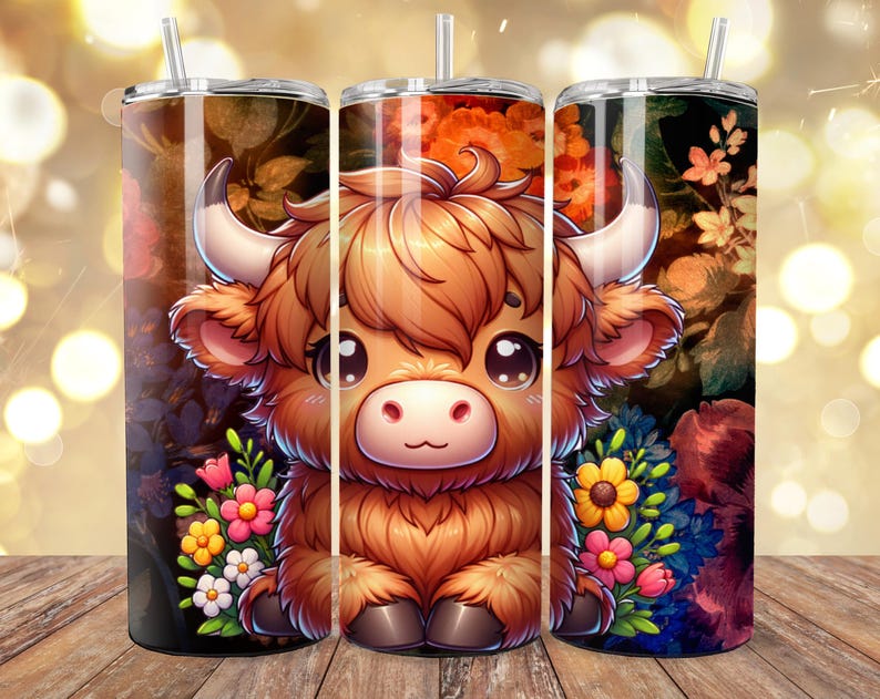 May include: Three stainless steel tumblers with a cartoon Highland cow design. The cow is brown with large eyes and white horns. The tumblers have a floral background with pink, yellow, and blue flowers. Each tumbler has a clear straw.