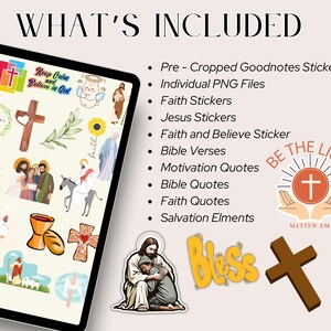 Może przedstawiać: Cyfrowy tablet wyświetlający r&oacute;żne naklejki o tematyce religijnej, w tym krzyże, Jezusa i inspirujące cytaty. Tekst "WHAT'S INCLUDED" znajduje się na g&oacute;rze, z listą typ&oacute;w naklejek. Dodatkowa grafika obejmuje krzyż ze słowami "BE THE LIGHT" i słowo "Bless".