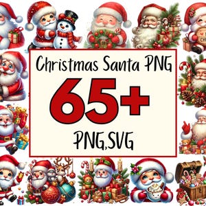 May include: A collection of Christmas-themed digital images featuring Santa Claus in various poses. The images include Santa with gifts, reindeer, and snowmen. Text on the image reads "Christmas Santa PNG 65+ PNG, SVG". The color palette includes red, white, and gold.