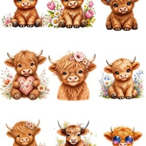 K&ouml;nnte beinhalten: Neun Illustrationen von flauschigen Highland-K&uuml;hen mit verschiedenen floralen Accessoires. Jede Kuh ist warmbraun und mit Blumenkr&auml;nzen, Brillen oder Schleifen geschm&uuml;ckt. Einige K&uuml;he sind von Blumen umgeben, und eine h&auml;lt ein Herz.