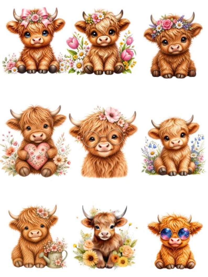 K&ouml;nnte beinhalten: Neun Illustrationen von flauschigen Highland-K&uuml;hen mit verschiedenen floralen Accessoires. Jede Kuh ist warmbraun und mit Blumenkr&auml;nzen, Brillen oder Schleifen geschm&uuml;ckt. Einige K&uuml;he sind von Blumen umgeben, und eine h&auml;lt ein Herz.