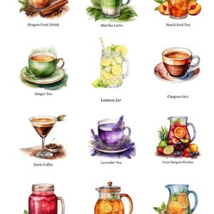 May include: Watercolor illustrations of various beverages, including Dragon Fruit Drink, Matcha Latte, Peach Iced Tea, Ginger Tea, Cappuccino, Lemon Jar, Lavender Tea, Fruit Sangria Pitcher, Dark Coffee, Berry Punch Jar, Iced Tea Pitcher, and Citrus Water Pitcher.