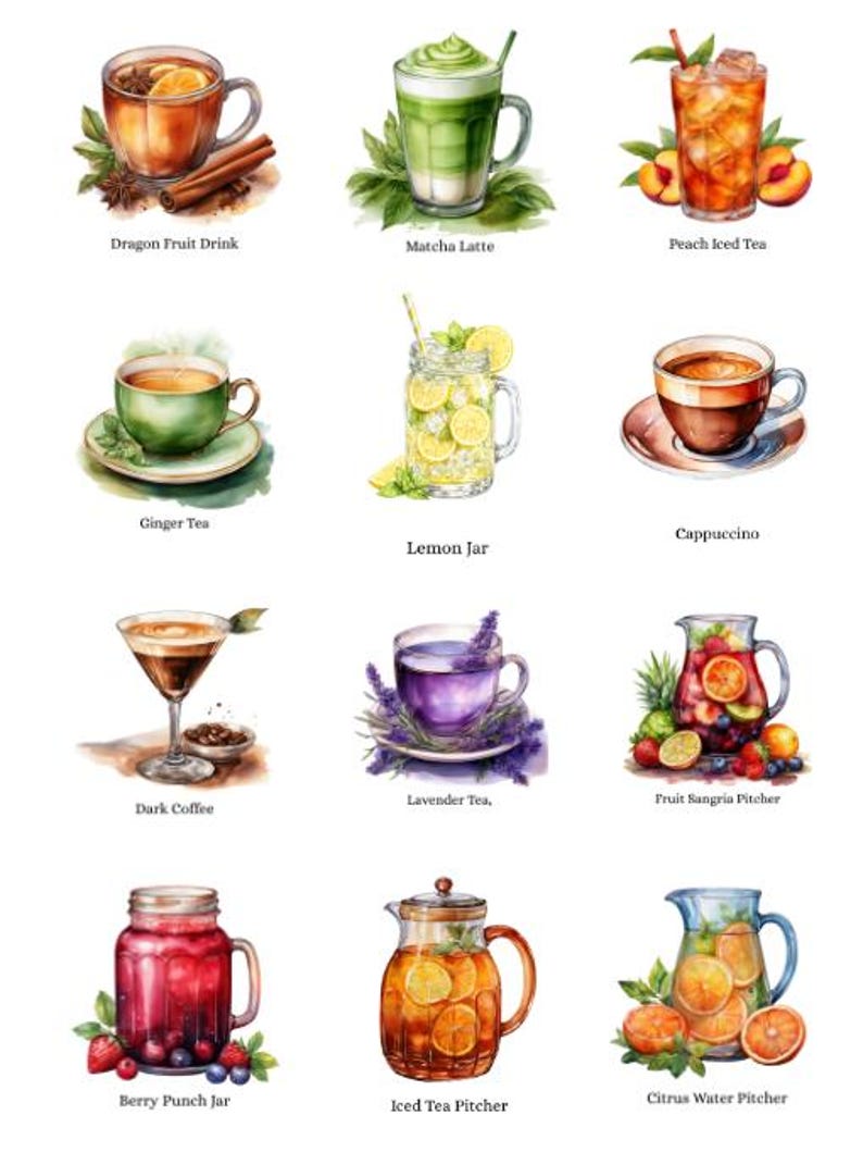 May include: Watercolor illustrations of various beverages, including Dragon Fruit Drink, Matcha Latte, Peach Iced Tea, Ginger Tea, Cappuccino, Lemon Jar, Lavender Tea, Fruit Sangria Pitcher, Dark Coffee, Berry Punch Jar, Iced Tea Pitcher, and Citrus Water Pitcher.
