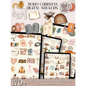 Puede incluir: Una colección de pegatinas digitales con un tema cristiano bohemio. Las pegatinas incluyen cruces, citas religiosas e ilustraciones de un cordero, un libro abierto y velas. La imagen también incluye el texto "BOHO CHRISTIAN DIGITAL STICKERS" y "170+".