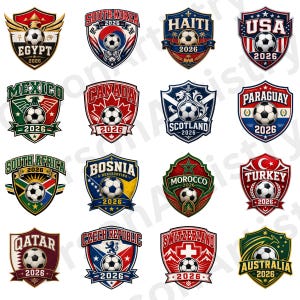 May include: A collection of sixteen shield-shaped emblems featuring soccer balls and the text 2026, representing various countries including Egypt, South Korea, Haiti, USA, Mexico, Canada, Scotland, Paraguay, South Africa, Bosnia, Morocco, Turkey, Qatar, Czech Republic, Switzerland, and Australia.
