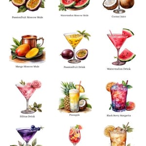 May include: Watercolor illustrations of various cocktails and drinks, including a Passionfruit Moscow Mule, Watermelon Moscow Mule, Coconut Juice, Mango Moscow Mule, Passionfruit Drink, Watermelon Drink, Hibius Drink, Pineapple, Black Berry Margarita, Blueberry Lemonde, Mixed Fruit Cocktail, and Lemon Twist Cocktail.