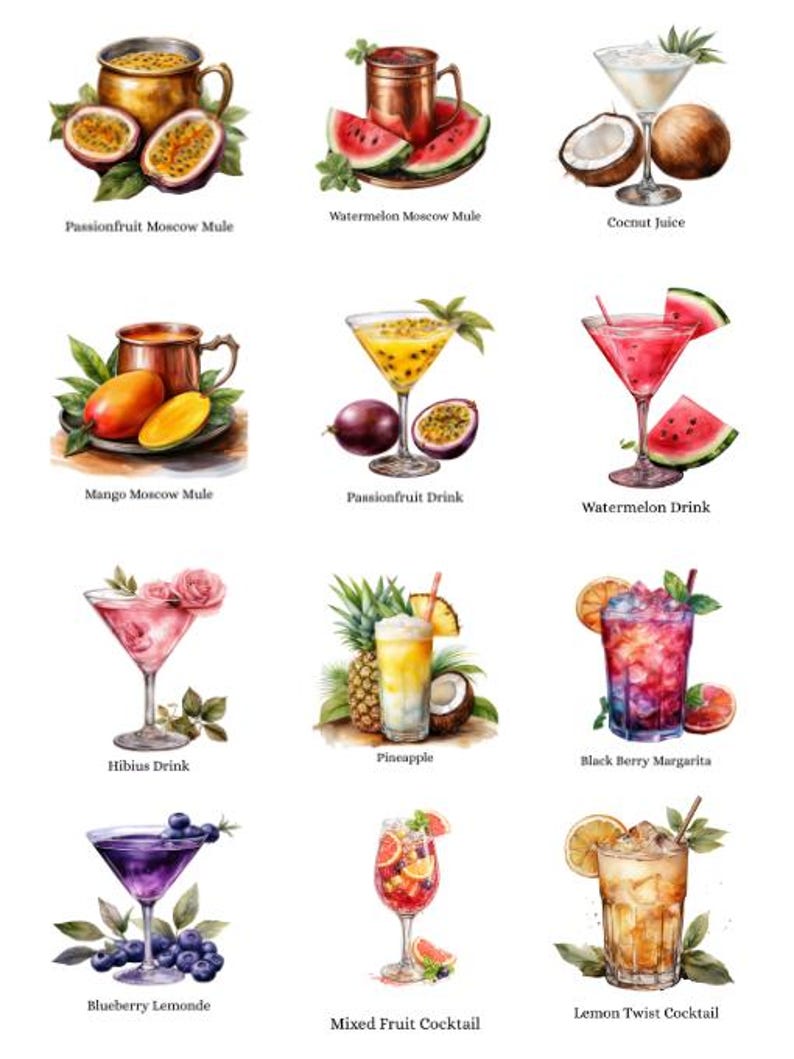May include: Watercolor illustrations of various cocktails and drinks, including a Passionfruit Moscow Mule, Watermelon Moscow Mule, Coconut Juice, Mango Moscow Mule, Passionfruit Drink, Watermelon Drink, Hibius Drink, Pineapple, Black Berry Margarita, Blueberry Lemonde, Mixed Fruit Cocktail, and Lemon Twist Cocktail.