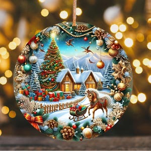 May include: A round Christmas ornament featuring a winter scene with a decorated Christmas tree, snow-covered houses, and a horse-drawn sleigh. The ornament is adorned with festive details like presents, pine cones, and decorative accents.