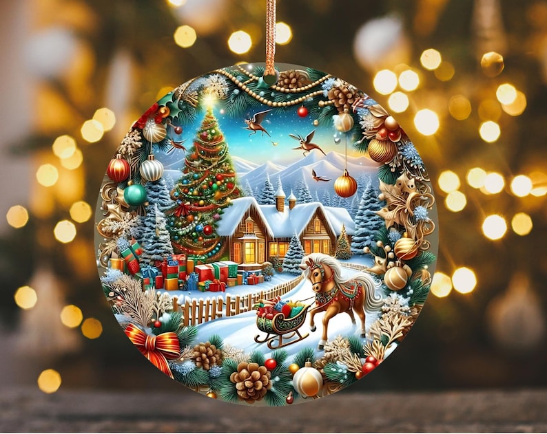 May include: A round Christmas ornament featuring a winter scene with a decorated Christmas tree, snow-covered houses, and a horse-drawn sleigh. The ornament is adorned with festive details like presents, pine cones, and decorative accents.