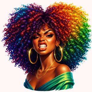 May include: Illustration of a woman with vibrant rainbow-colored curly hair. She wears gold hoop earrings and a layered gold necklace. Her expression is fierce, and she's dressed in a green off-the-shoulder top. The image has a digital art style.
