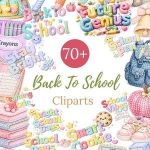 Könnte beinhalten: Eine Sammlung farbenfroher, gestrickter Clip-Art-Elemente zum Thema Schule. Enthält Rucksäcke, Bleistifte, einen Schulbus und Text mit der Aufschrift "Back to School" und "Future Genius". Das Bild hat eine weiche, pastellfarbene Farbpalette.