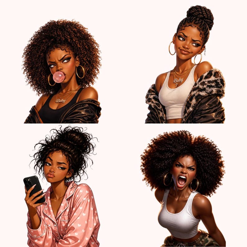 May include: Four illustrations of Black women with various expressions. One blows a bubble, another smiles, one looks at a phone, and the last one yells. Each wears gold hoop earrings and a necklace. The women have different hairstyles and outfits.