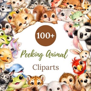 May include: A vibrant image showcasing over 100 peeking animal cliparts. The illustration presents a multitude of cute cartoon animals, such as squirrels, bears, and pandas, encircling a brown circle with the text "100+". The words "Peeking Animal Cliparts" are written in green.