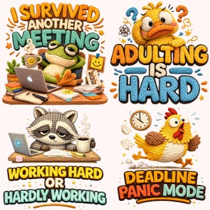 May include: Four colorful illustrations with text. A frog at a desk with the text "I Survived Another Meeting." A duck with the text "Adulting is Hard." A raccoon with the text "Working Hard or Hardly Working." A chicken with the text "Deadline Panic Mode."