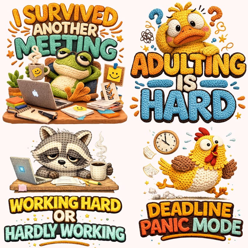 May include: Four colorful illustrations with text. A frog at a desk with the text "I Survived Another Meeting." A duck with the text "Adulting is Hard." A raccoon with the text "Working Hard or Hardly Working." A chicken with the text "Deadline Panic Mode."