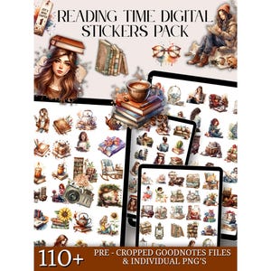 May include: Digital sticker pack with a reading theme. The image features illustrations of books, coffee cups, and people reading, along with the text "READING TIME DIGITAL STICKERS PACK" and "110+". The stickers are designed for digital use.