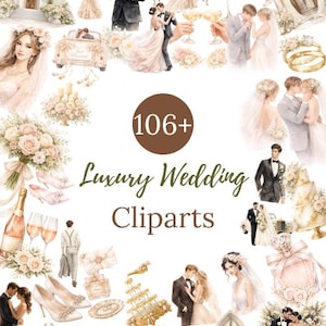 May include: A collection of watercolour illustrations with a wedding theme. The image includes couples, wedding cakes, champagne glasses, floral arrangements, and a vintage car. Text reads "106+ Luxury Wedding Cliparts."