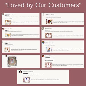 May include: A graphic featuring customer reviews with the text "Loved by Our Customers" at the top. The reviews include star ratings and comments, along with images of various clip art bundles, including medical, nurse, and patriotic themes.