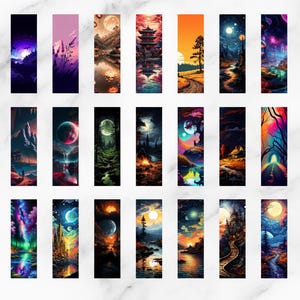 May include: A collection of rectangular bookmarks featuring vibrant, fantasy landscape art. Each bookmark showcases a unique scene with elements like moons, trees, mountains, and structures, rendered in a variety of colors including blues, purples, oranges, and greens. The art style is detailed and imaginative.