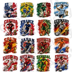 May include: A collection of sixteen graphic illustrations featuring soccer players in national team uniforms, each positioned over a stylized background of their country's flag, with the country name in bold text and a gold trophy icon included.