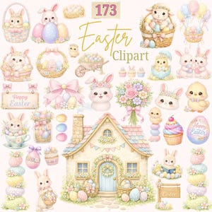 May include: A collection of watercolour Easter clipart, including bunnies, chicks, eggs, and baskets, in pastel shades. The image features a cottage and the text "Easter Clipart". The colour palette includes pink, blue, yellow, and green.
