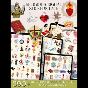 Könnte beinhalten: Ein digitales Stickerpaket mit religiösen Themen. Das Bild zeigt Illustrationen von Kreuzen, Tauben, Herzen und biblischen Figuren. Der Text enthält "RELIGIOUS DIGITAL STICKERS PACK" und "390+". Die Aufkleber sind vorgeschnittene GoodNotes-Dateien und einzelne PNGs.