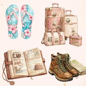 May include: Watercolor illustration of travel-themed items. Includes pink and blue floral flip-flops, a set of pink and cream luggage with travel stickers, a leather journal with a camera and maps, and brown hiking boots.