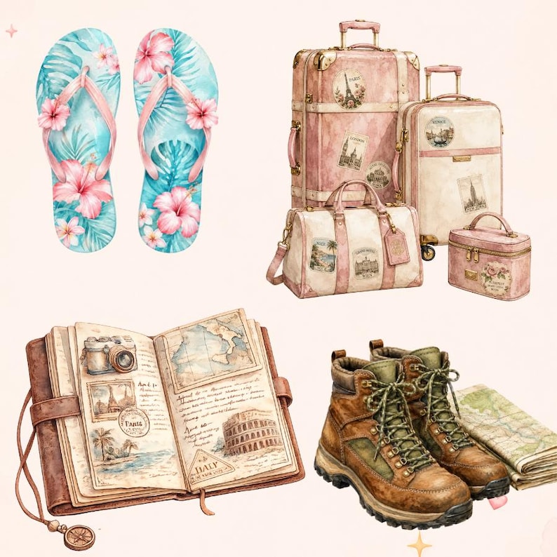 May include: Watercolor illustration of travel-themed items. Includes pink and blue floral flip-flops, a set of pink and cream luggage with travel stickers, a leather journal with a camera and maps, and brown hiking boots.