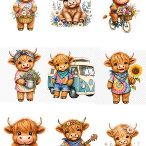 K&ouml;nnte beinhalten: Eine Sammlung skurriler Illustrationen mit Highland-K&uuml;hen in verschiedenen Posen. Die K&uuml;he sind mit Blumenkr&auml;nzen, Batikhemden und Accessoires geschm&uuml;ckt. Einige K&uuml;he halten Blumen, fahren Fahrrad oder spielen Gitarre. Das Gesamtthema ist fr&ouml;hlich und unkonventionell.