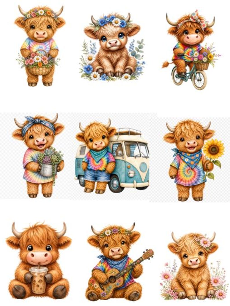 K&ouml;nnte beinhalten: Eine Sammlung skurriler Illustrationen mit Highland-K&uuml;hen in verschiedenen Posen. Die K&uuml;he sind mit Blumenkr&auml;nzen, Batikhemden und Accessoires geschm&uuml;ckt. Einige K&uuml;he halten Blumen, fahren Fahrrad oder spielen Gitarre. Das Gesamtthema ist fr&ouml;hlich und unkonventionell.