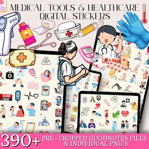 May include: Digital stickers featuring medical tools and healthcare elements. Includes a thermometer, bandages, a nurse's hat, a syringe, and a first aid kit. The image also contains illustrations of medical personnel and health-related icons. The text reads "MEDICAL TOOLS & HEALTHCARE DIGITAL STICKERS" and "390+".