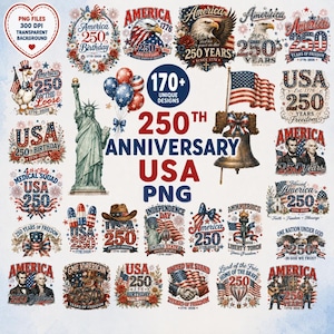 May include: A digital collection of 170+ patriotic graphic designs featuring the Statue of Liberty, bald eagles, the Liberty Bell, American flags, and fireworks, all celebrating the 250th anniversary of the USA with text including 1776-2026.