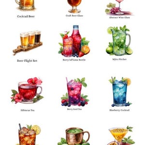 May include: Watercolor illustrations of various beverages. Includes a cocktail beer, craft beer glass, abstract wine glass, beer flight set, berry's & lime bottle, mojito pitcher, hibiscus tea, berry iced tea, blueberry cocktail, cucumber Moscow mule, passion fruit cocktail, and Cuba Libre cocktail.