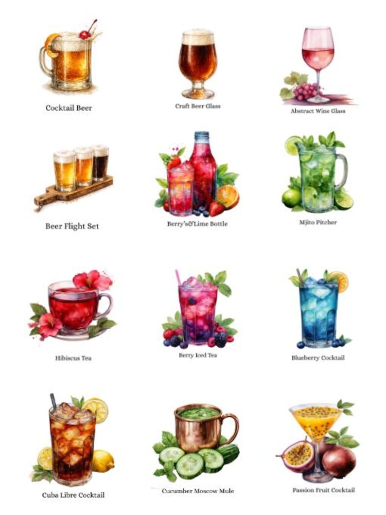 May include: Watercolor illustrations of various beverages. Includes a cocktail beer, craft beer glass, abstract wine glass, beer flight set, berry's & lime bottle, mojito pitcher, hibiscus tea, berry iced tea, blueberry cocktail, cucumber Moscow mule, passion fruit cocktail, and Cuba Libre cocktail.