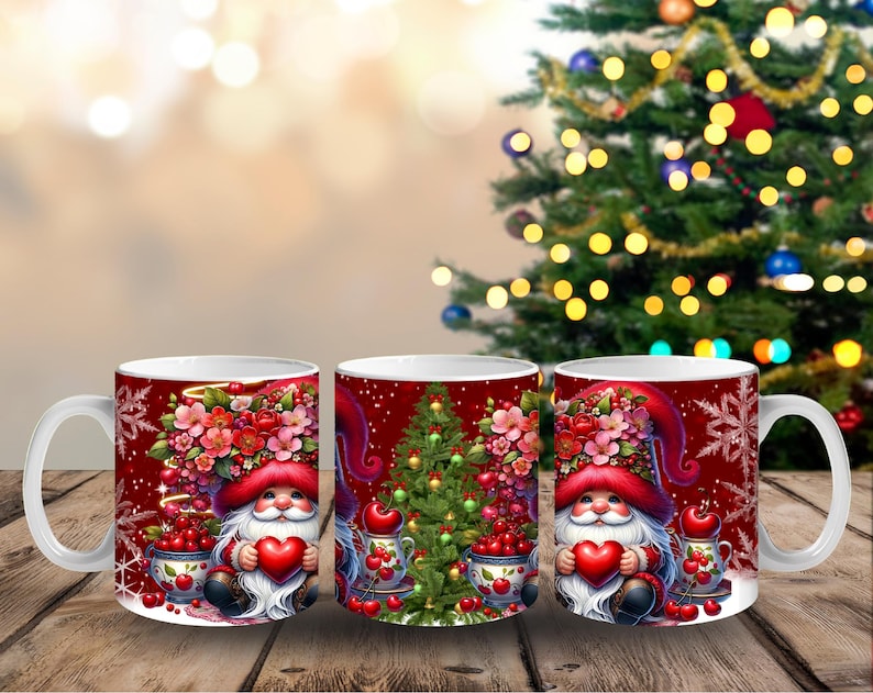 May include: Three white ceramic mugs with a Christmas gnome design. The mugs feature a red background with a gnome holding a heart, flowers, and a Christmas tree. The mugs are on a wooden surface.