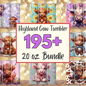 May include: A collection of 20 oz tumblers with various Highland cow designs. The tumblers feature floral patterns, cartoon cow illustrations, and text. The image includes the text "Highland Cow Tumbler 195+ 20 oz Bundle."
