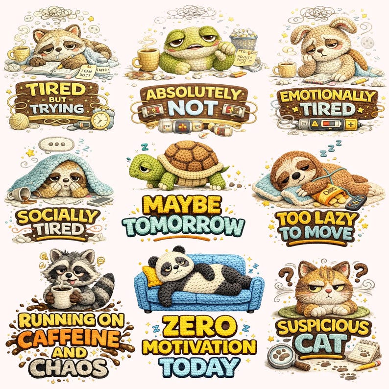 May include: A collection of cartoon animal illustrations, each depicting a different mood or state of being. The images include a raccoon, frog, dog, sloth, turtle, panda, and cat, with text overlays such as "Tired But Trying" and "Zero Motivation Today."
