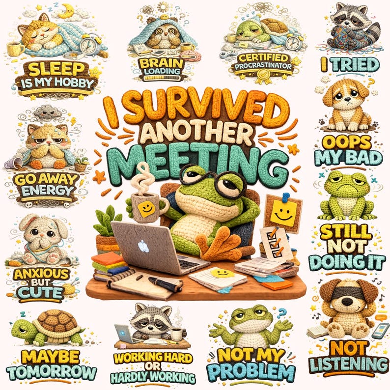 May include: A collection of whimsical illustrations featuring various animals, including a cat, frog, dog, raccoon, and turtle, each with humorous text. The central image reads "I Survived Another Meeting." Other phrases include "Sleep is my hobby" and "Anxious but cute."
